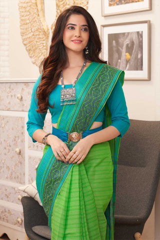 Chirala Cotton saree with weave border In Green With Sky blue Slub Texture.