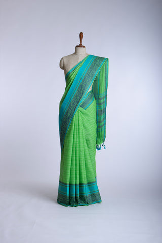 Chirala Cotton saree with weave border In Green With Sky blue Slub Texture.