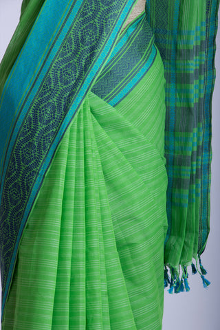 Chirala Cotton saree with weave border In Green With Sky blue Slub Texture.