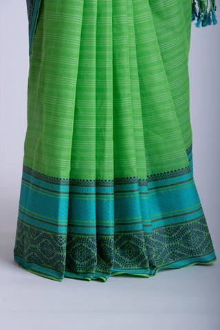 Chirala Cotton saree with weave border In Green With Sky blue Slub Texture.