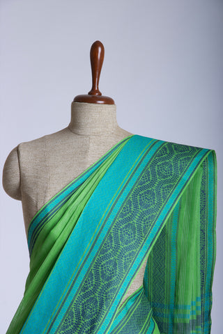 Chirala Cotton saree with weave border In Green With Sky blue Slub Texture.