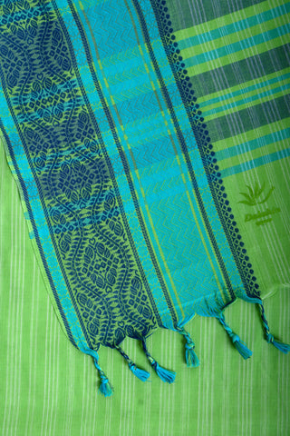 Chirala Cotton saree with weave border In Green With Sky blue Slub Texture.