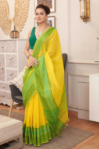 Chirala Cotton saree with weave border In Green With Sky blue Slub Texture.