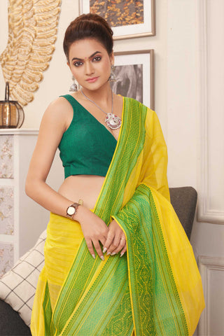 Chirala Cotton saree with weave border In Green With Sky blue Slub Texture.