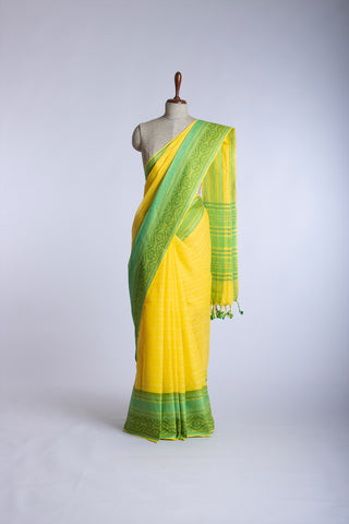 Chirala Cotton saree with weave border In Green With Sky blue Slub Texture.