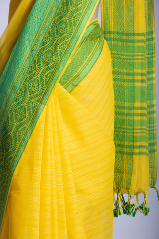 Chirala Cotton saree with weave border In Green With Sky blue Slub Texture.