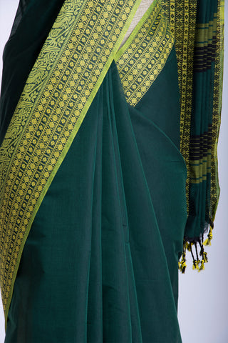 Chirala Cotton Saree With Weave Border In Bottle Green With Olive Green Slub Texture.