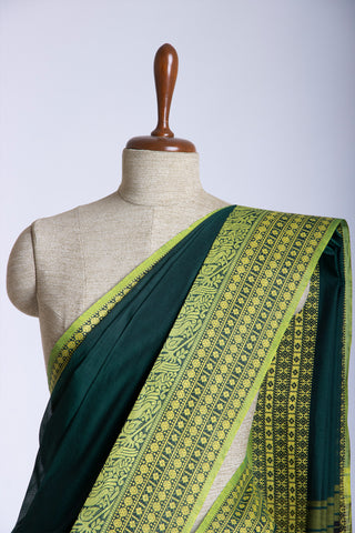 Chirala Cotton Saree With Weave Border In Bottle Green With Olive Green Slub Texture.