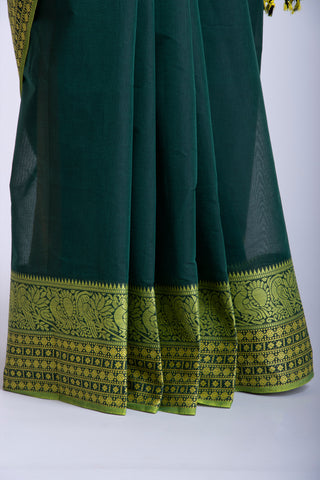 Chirala Cotton Saree With Weave Border In Bottle Green With Olive Green Slub Texture.