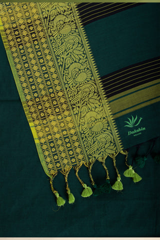 Chirala Cotton Saree With Weave Border In Bottle Green With Olive Green Slub Texture.