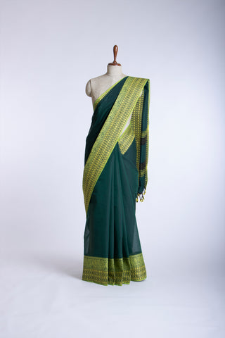 Chirala Cotton Saree With Weave Border In Bottle Green With Olive Green Slub Texture.