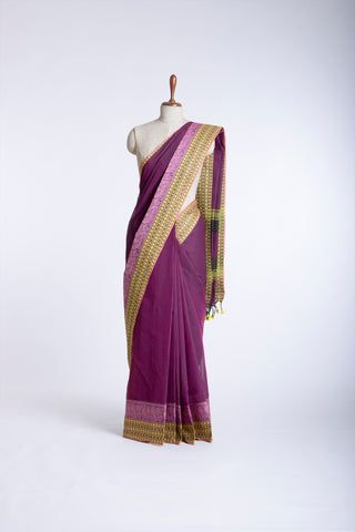 Chirala Cotton Saree With Weave Border In Bottle Green With Olive Green Slub Texture.