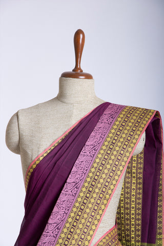 Chirala Cotton Saree With Weave Border In Bottle Green With Olive Green Slub Texture.