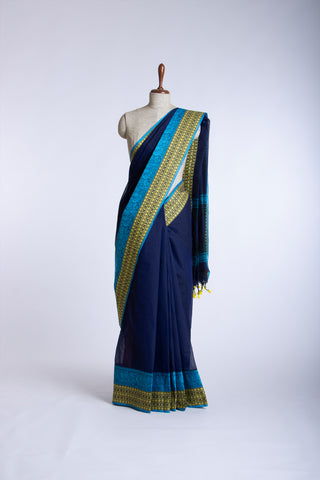 Chirala Cotton Saree With Weave Border In Bottle Green With Olive Green Slub Texture.