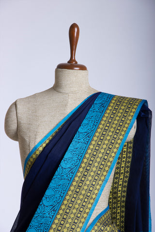 Chirala Cotton Saree With Weave Border In Bottle Green With Olive Green Slub Texture.