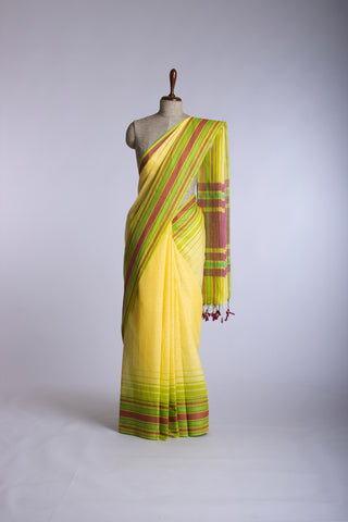 Chettinadu Cotton Saree In Yellow With Soft Amber.