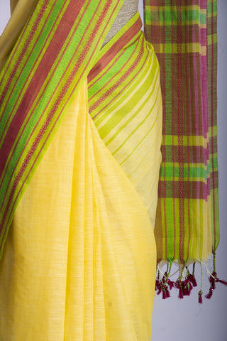 Chettinadu Cotton Saree In Yellow With Soft Amber.