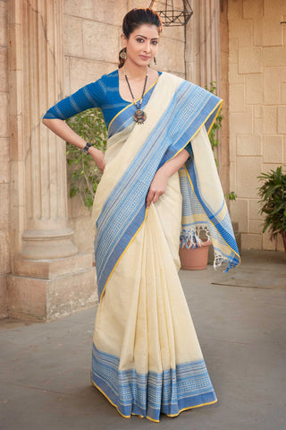 Chettinadu cotton saree in Cyan Blue with Soft Amber.