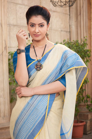 Chettinadu cotton saree in Cyan Blue with Soft Amber.