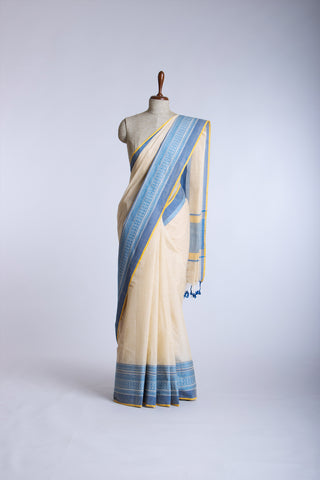 Chettinadu cotton saree in Cyan Blue with Soft Amber.