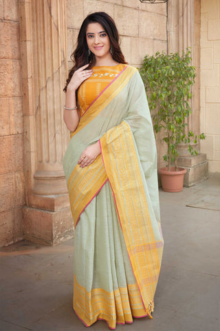 Chettinadu cotton saree in Cyan Blue with Soft Amber.