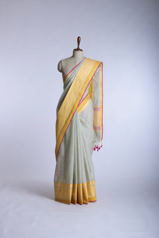 Chettinadu cotton saree in Cyan Blue with Soft Amber.