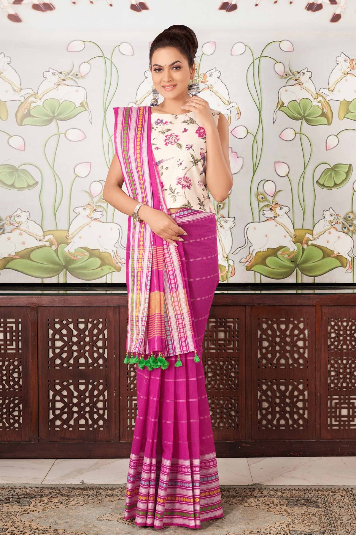 Chettinadu Cotton Saree In Magenta With Soft Amber.