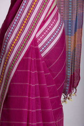 Chettinadu Cotton Saree In Magenta With Soft Amber.