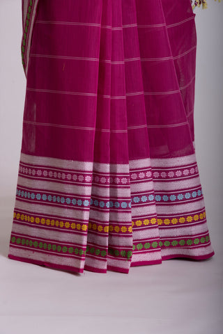 Chettinadu Cotton Saree In Magenta With Soft Amber.