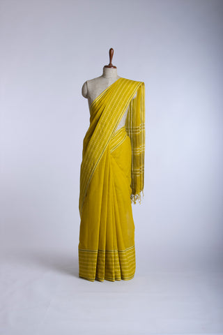 Chettinadu Cotton Saree In Sea Green With Soft Amber.