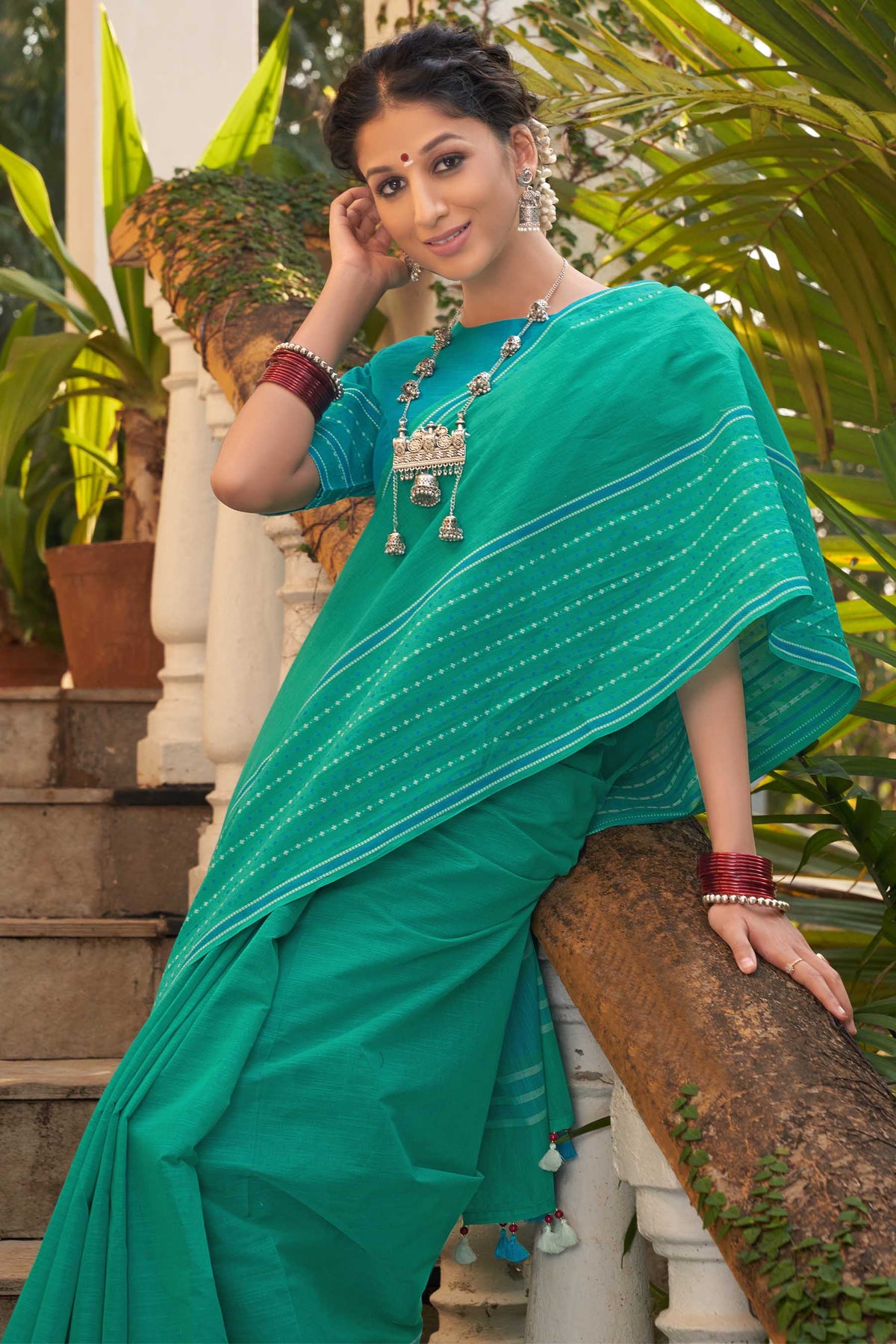 Chettinadu Cotton Saree In Sea Green With Soft Amber.