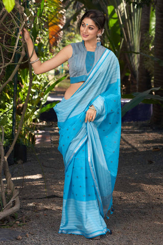 Chettinadu Cotton Saree In Sky Blue With Buta.