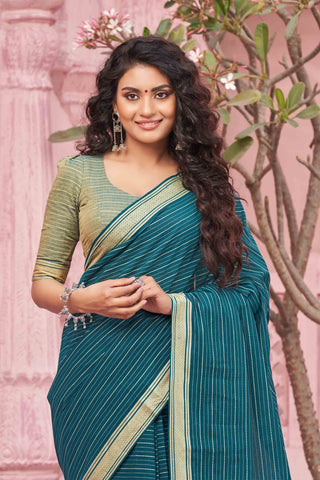 Chettinadu Cotton Saree In Pine Green With Stripes.