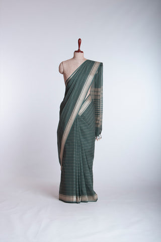 Chettinadu Cotton Saree In Pine Green With Stripes.