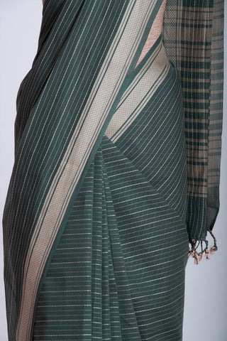 Chettinadu Cotton Saree In Pine Green With Stripes.