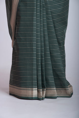 Chettinadu Cotton Saree In Pine Green With Stripes.