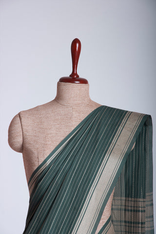 Chettinadu Cotton Saree In Pine Green With Stripes.