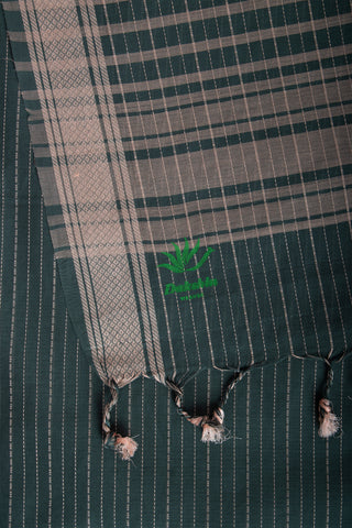 Chettinadu Cotton Saree In Pine Green With Stripes.