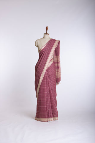 Chettinadu Cotton Saree In Pine Green With Stripes.