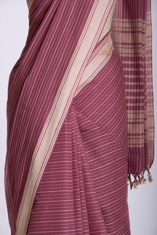 Chettinadu Cotton Saree In Pine Green With Stripes.