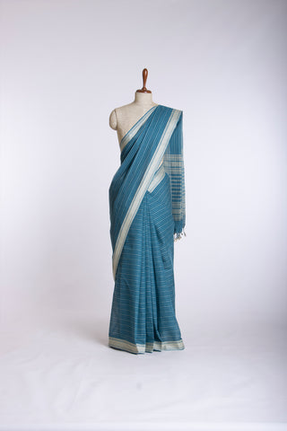 Chettinadu Cotton Saree In Pine Green With Stripes.