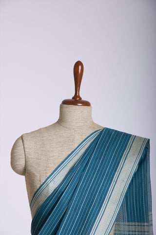 Chettinadu Cotton Saree In Pine Green With Stripes.