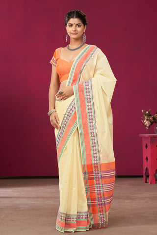 Chettinadu Cotton Saree In Cream With Rudraksha Border.