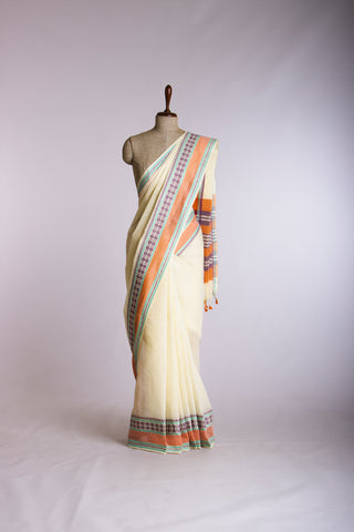 Chettinadu Cotton Saree In Cream With Rudraksha Border.