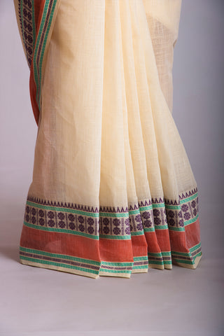 Chettinadu Cotton Saree In Cream With Rudraksha Border.