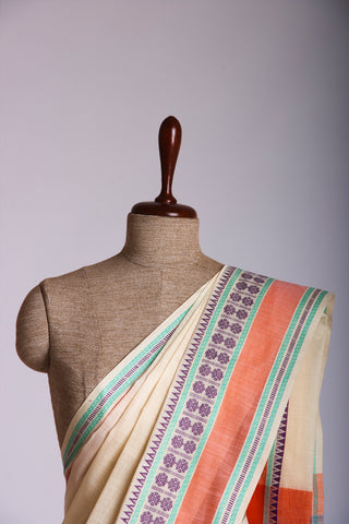 Chettinadu Cotton Saree In Cream With Rudraksha Border.