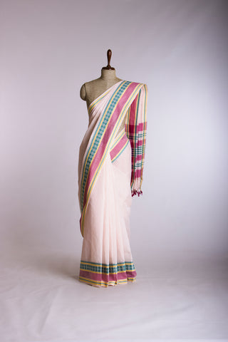 Chettinadu Cotton Saree In Cream With Rudraksha Border.