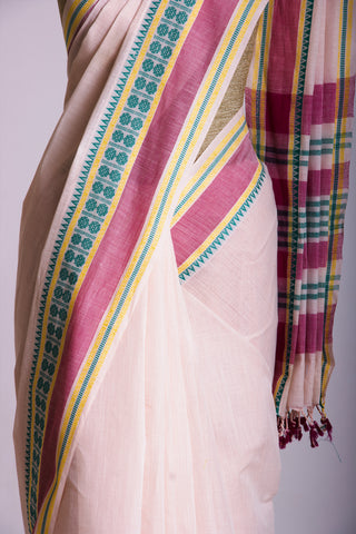 Chettinadu Cotton Saree In Cream With Rudraksha Border.