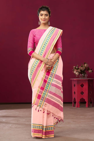 Chettinadu Cotton Saree In Cream With Rudraksha Border.