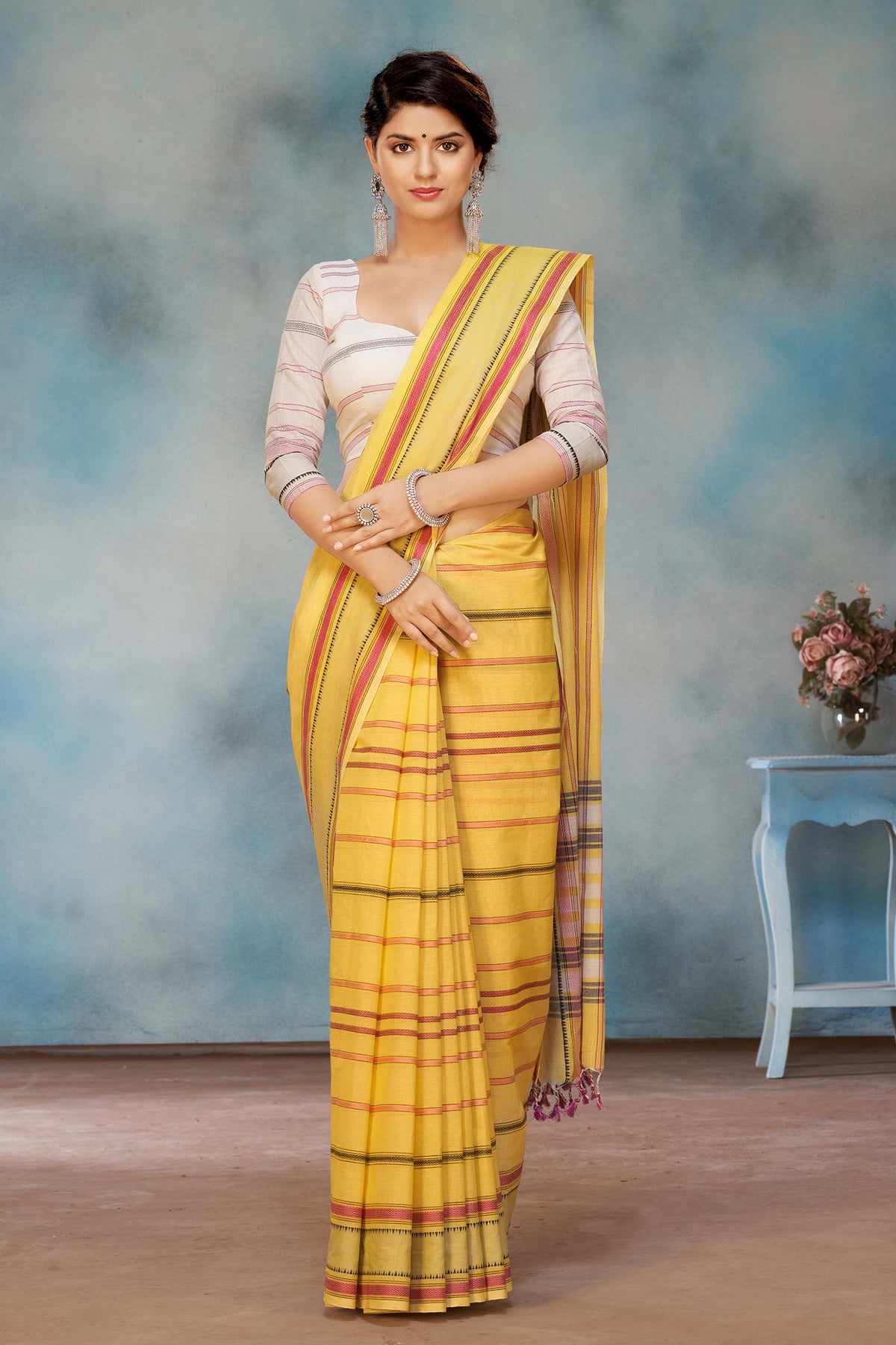 Chettinadu Cotton Saree In Yellow With Stripes.